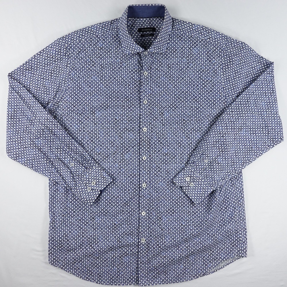 Bugatchi Dress Shirt Men's XXL Classic Fit Geometric Tile Office Blue White